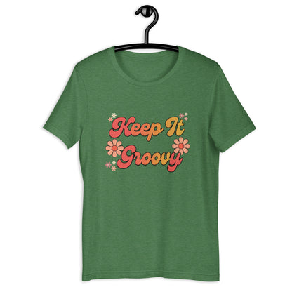 Keep It Groovy T-Shirt - in Heather Grass Green, front view - VibePrintPop