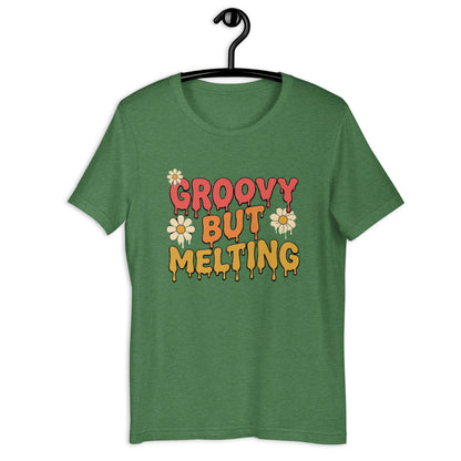 Groovy But Melting T-Shirt - in Heather Grass Green, front view - VibePrintPop