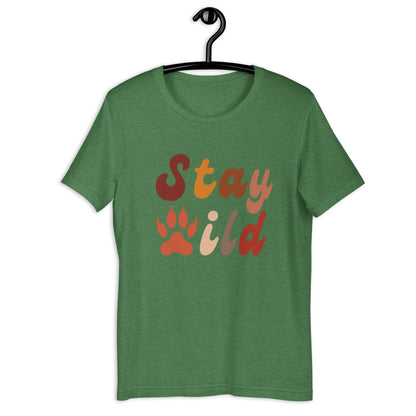 Retro Stay Wild T-Shirt - in Heather Grass Green, front view - VibePrintPop