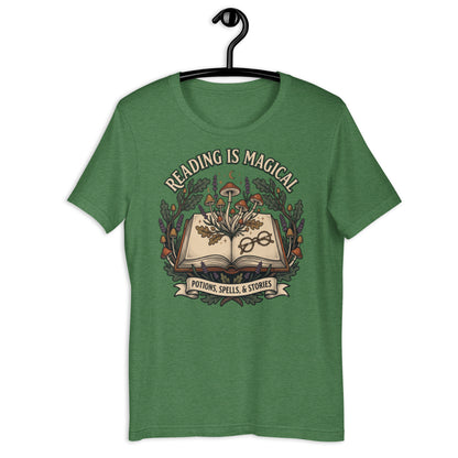 Whimsical Reading Witch T-Shirt - in Heather Grass Green, front view - VibePrintPop