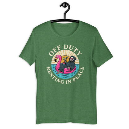 Retro Off Duty Grim Reaper T-Shirt - in Heather Grass Green, front view - VibePrintPop