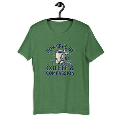 Funny Nurse Coffee Scrubs Life Graphic Tee - in Heather Grass Green, front view - VibePrintPop