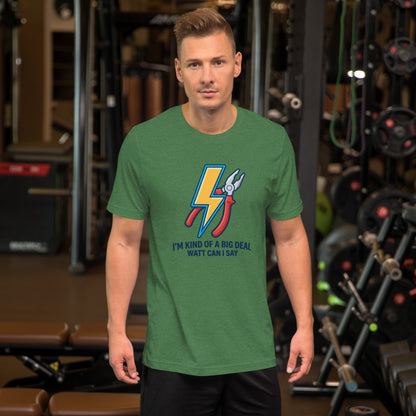 Electrician Funny Voltage Humor Graphic Tee - in Heather Grass Green, front view - VibePrintPop