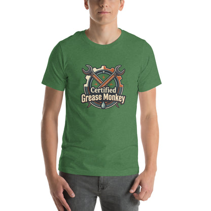 Mechanic Grease Monkey Retro Garage Tee - in Heather Grass Green, front view - VibePrintPop