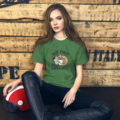 Cat Lover Cozy Coffee Cottage Tee - in Heather Grass Green, front view - VibePrintPop