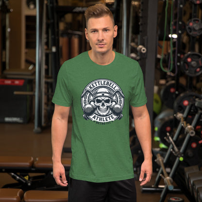 No Pain No Gain Retro Gym Tee - in Heather Grass Green, front view - VibePrintPop
