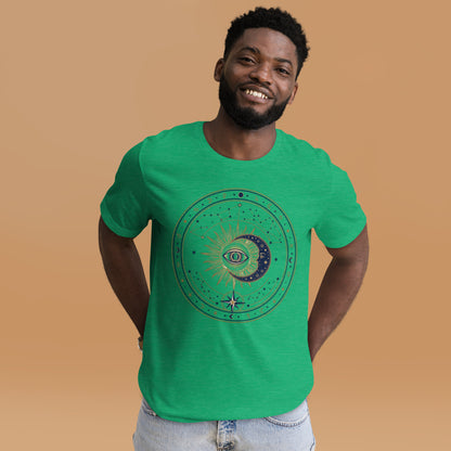 Mystic Celestial Sun and Moon Tee - in Heather Kelly, front view - VibePrintPop