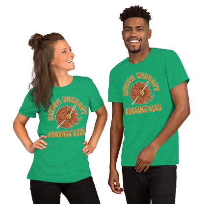 "Stitch Therapy" Retro Crochet Club Graphic T-Shirt - in Heather Kelly, front view - VibePrintPop