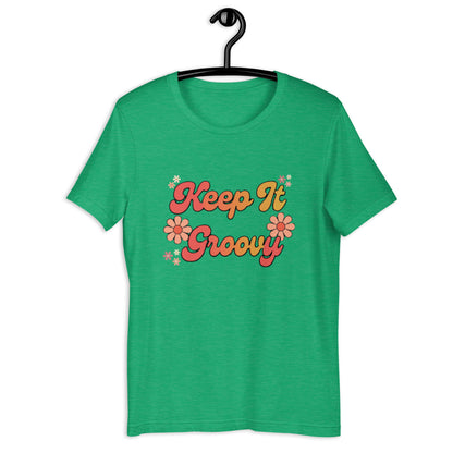 Keep It Groovy T-Shirt - in Heather Kelly, front view - VibePrintPop