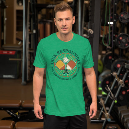 Retro Dink Responsibly Pickleball T-Shirt - in Heather Kelly, front view - VibePrintPop