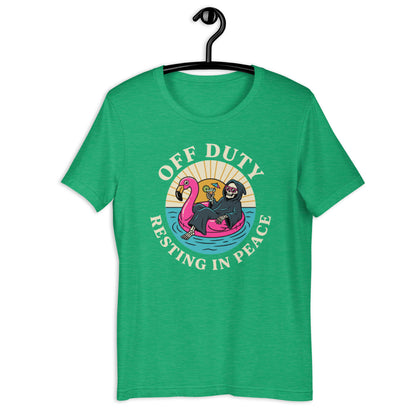 Retro Off Duty Grim Reaper T-Shirt - in Heather Kelly, front view - VibePrintPop