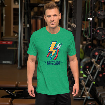 Electrician Funny Voltage Humor Graphic Tee - in Heather Kelly, front view - VibePrintPop