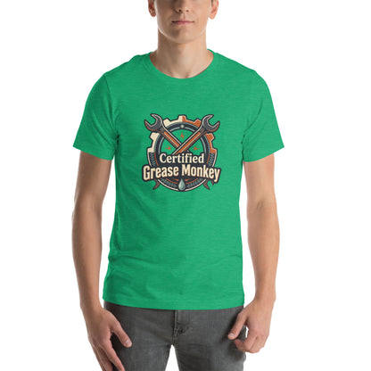 Mechanic Grease Monkey Retro Garage Tee - in Heather Kelly, front view - VibePrintPop