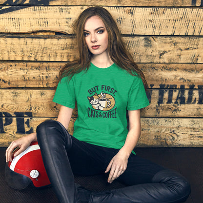 Cat Lover Cozy Coffee Cottage Tee - in Heather Kelly, front view - VibePrintPop