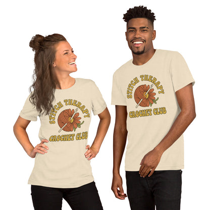 "Stitch Therapy" Retro Crochet Club Graphic T-Shirt - in Heather Natural, front view - VibePrintPop