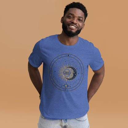 Mystic Celestial Sun and Moon Tee - in Heather True Royal, front view - VibePrintPop
