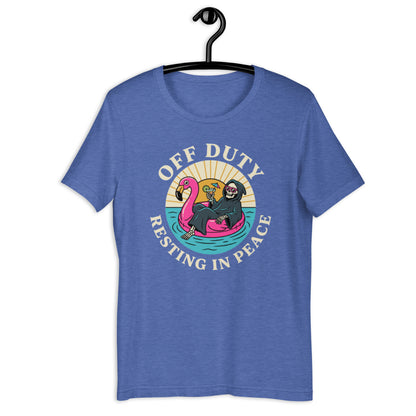 Retro Off Duty Grim Reaper T-Shirt - in Heather True Royal, front view - VibePrintPop