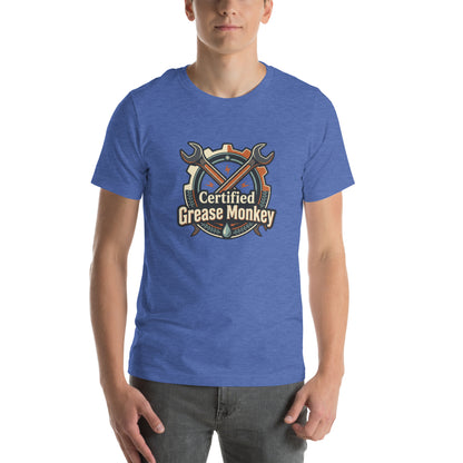 Mechanic Grease Monkey Retro Garage Tee - in Heather True Royal, front view - VibePrintPop