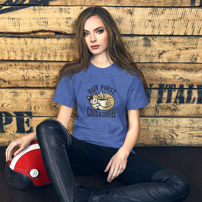 Cat Lover Cozy Coffee Cottage Tee - in Heather True Royal, front view - VibePrintPop