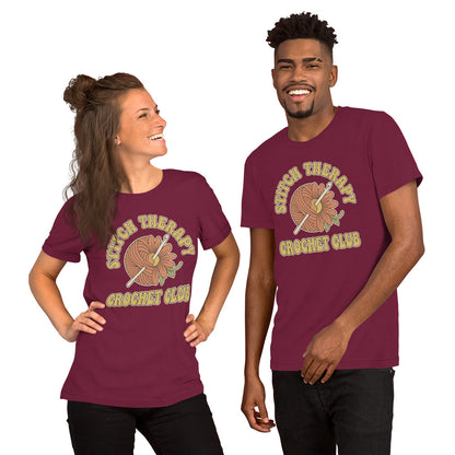 "Stitch Therapy" Retro Crochet Club Graphic T-Shirt - in Maroon, front view - VibePrintPop