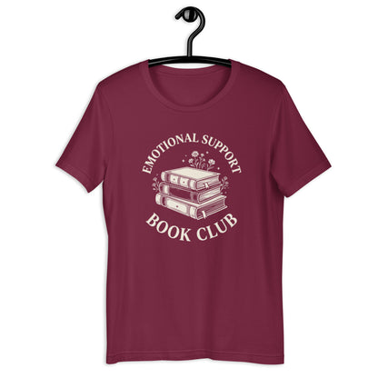 Retro Emotional Support Book Club Shirt - in Maroon, front view - VibePrintPop