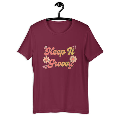 Keep It Groovy T-Shirt - in Maroon, front view - VibePrintPop