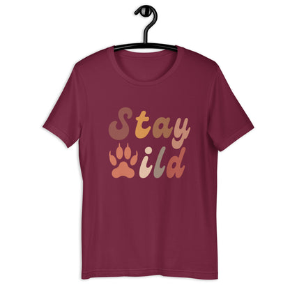 Retro Stay Wild T-Shirt - in Maroon, front view - VibePrintPop