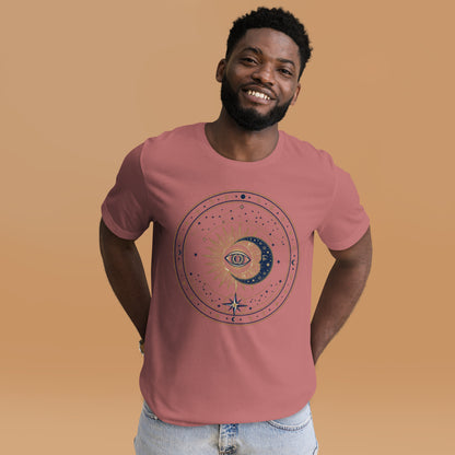 Mystic Celestial Sun and Moon Tee - in Mauve, front view - VibePrintPop