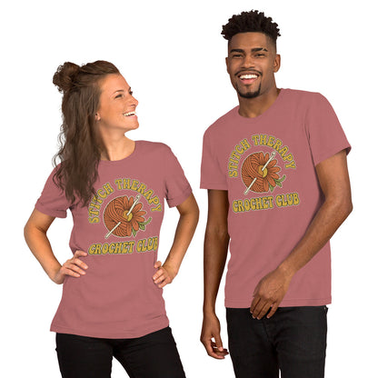 "Stitch Therapy" Retro Crochet Club Graphic T-Shirt - in Mauve, front view - VibePrintPop
