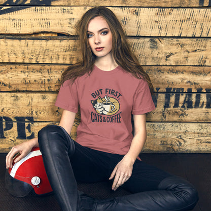 Cat Lover Cozy Coffee Cottage Tee - in Mauve, front view - VibePrintPop