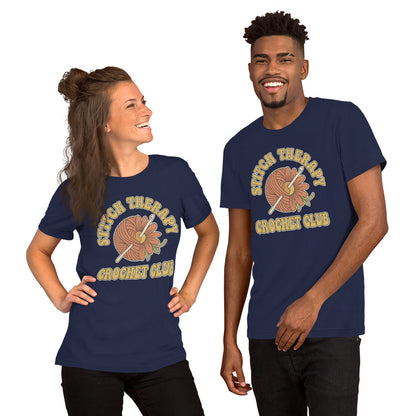 "Stitch Therapy" Retro Crochet Club Graphic T-Shirt - in Navy, front view - VibePrintPop