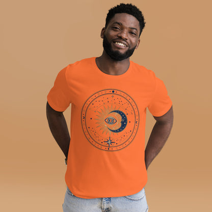 Mystic Celestial Sun and Moon Tee - in Orange, front view - VibePrintPop