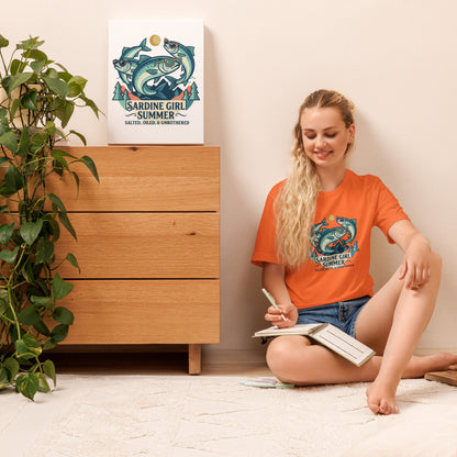 Sardine Girl Summer T-Shirt - in Orange, front view - VibePrintPop