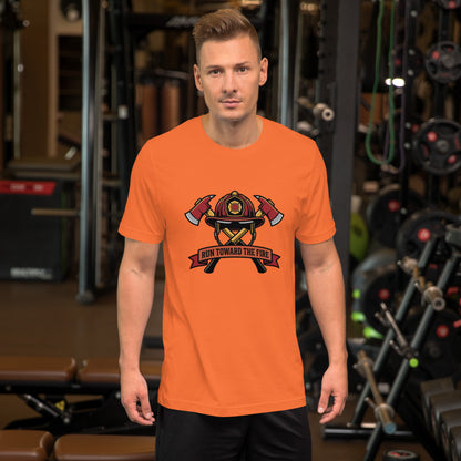Firefighter Brotherhood Bold Emblem Tee - in Orange, front view - VibePrintPop