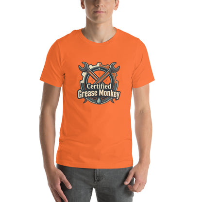 Mechanic Grease Monkey Retro Garage Tee - in Orange, front view - VibePrintPop