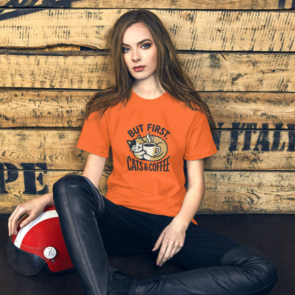 Cat Lover Cozy Coffee Cottage Tee - in Orange, front view - VibePrintPop