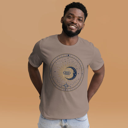 Mystic Celestial Sun and Moon Tee - in Pebble, front view - VibePrintPop