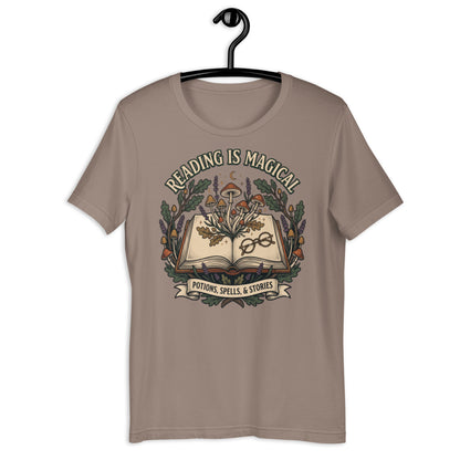 Whimsical Reading Witch T-Shirt - in Pebble, front view - VibePrintPop