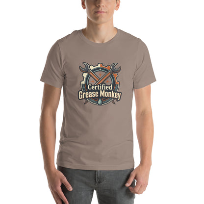 Mechanic Grease Monkey Retro Garage Tee - in Pebble, front view - VibePrintPop