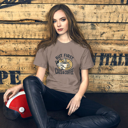 Cat Lover Cozy Coffee Cottage Tee - in Pebble, front view - VibePrintPop