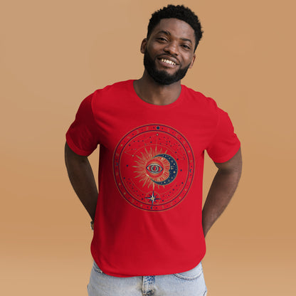 Mystic Celestial Sun and Moon Tee - in Red, front view - VibePrintPop