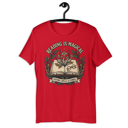 Whimsical Reading Witch T-Shirt - in Red, front view - VibePrintPop