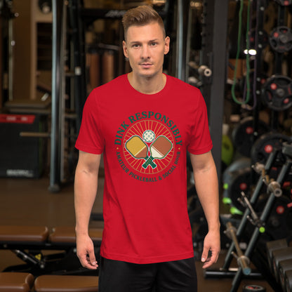 Retro Dink Responsibly Pickleball T-Shirt - in Red, front view - VibePrintPop