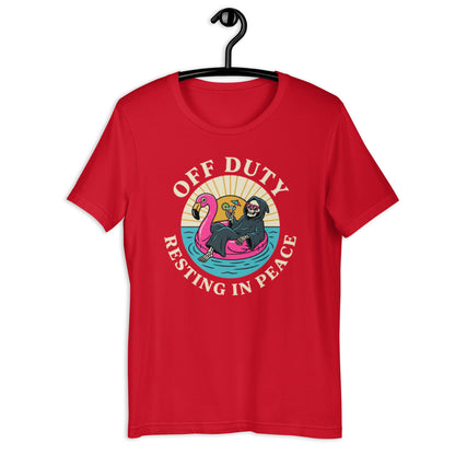 Retro Off Duty Grim Reaper T-Shirt - in Red, front view - VibePrintPop