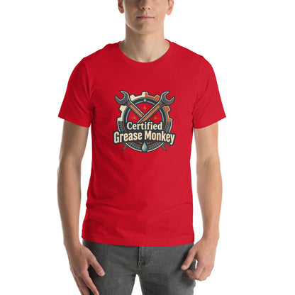 Mechanic Grease Monkey Retro Garage Tee - in Red, front view - VibePrintPop
