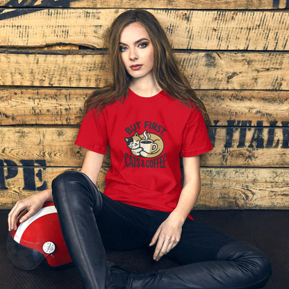 Cat Lover Cozy Coffee Cottage Tee - in Red, front view - VibePrintPop