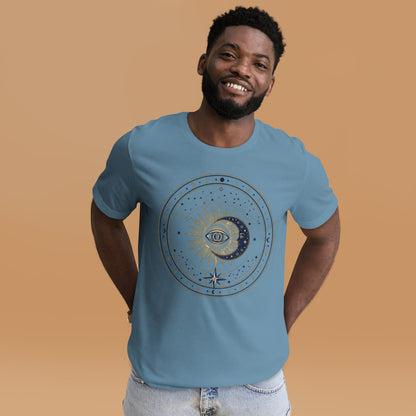 Mystic Celestial Sun and Moon Tee - in Steel Blue, front view - VibePrintPop
