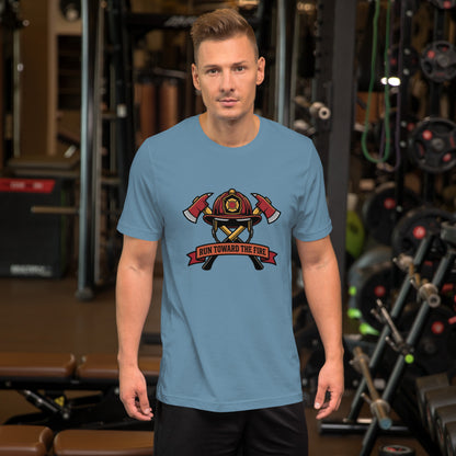 Firefighter Brotherhood Bold Emblem Tee - in Steel Blue, front view - VibePrintPop