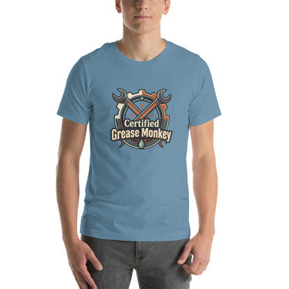Mechanic Grease Monkey Retro Garage Tee - in Steel Blue, front view - VibePrintPop
