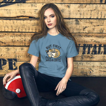 Cat Lover Cozy Coffee Cottage Tee - in Steel Blue, front view - VibePrintPop